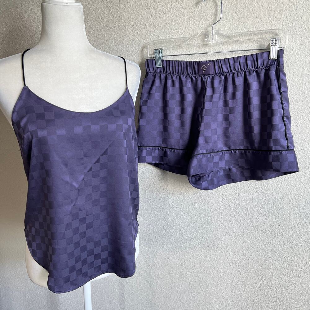 Victoria's Secret Purple Checkered Satin Pajama Shorts Tank Set Women's Small